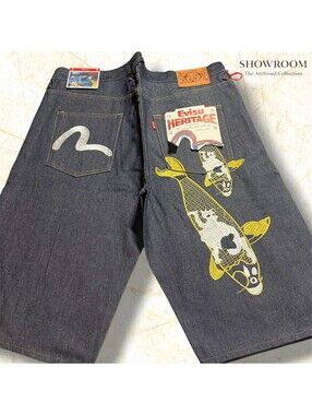 Evisu Heritage Raw Blue Koi Fish Jean Shorts 36 Deadstock OG Tags $300 MSRP